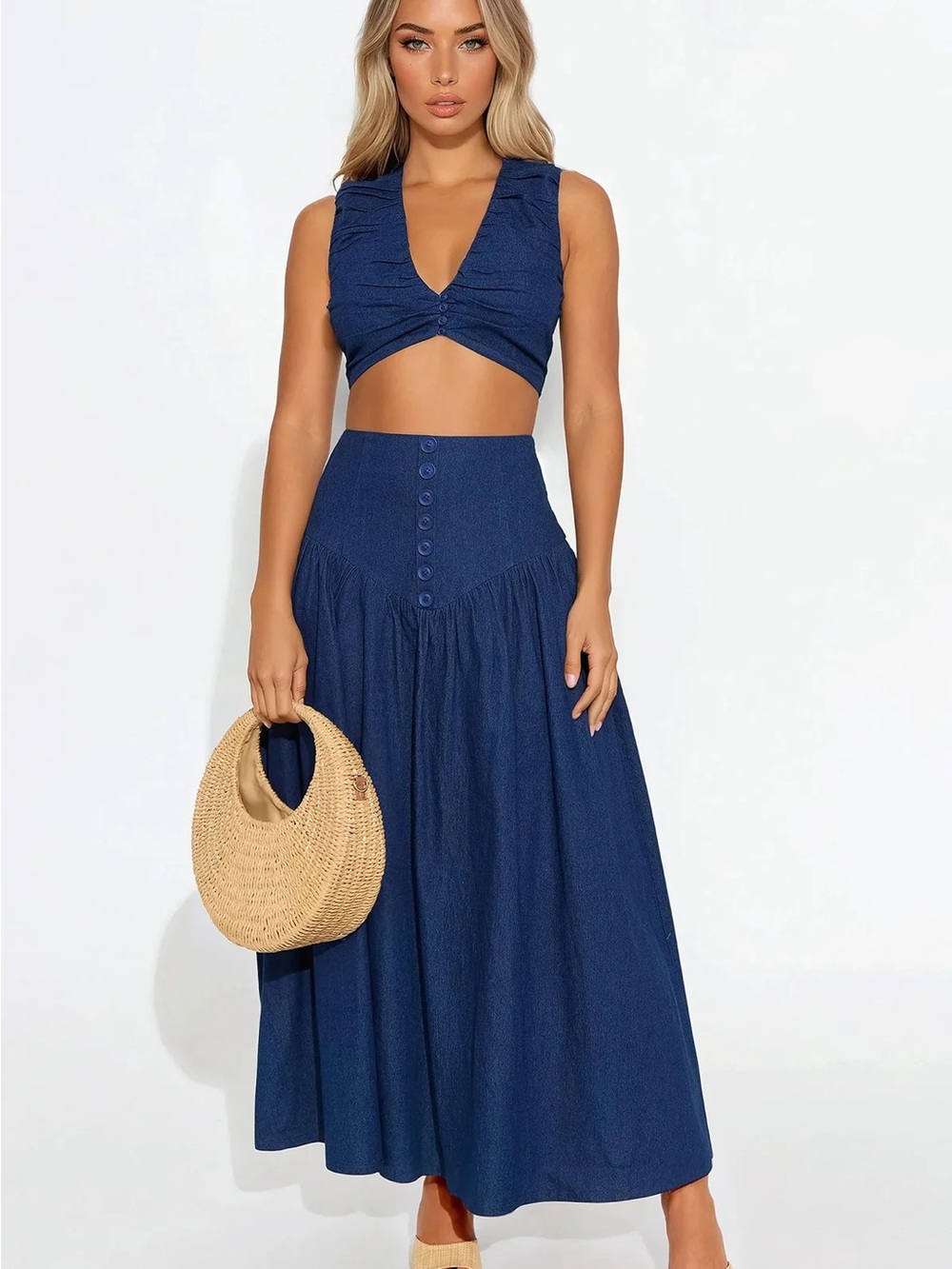 Navy Two-Piece Crop Top and Maxi Skirt Set